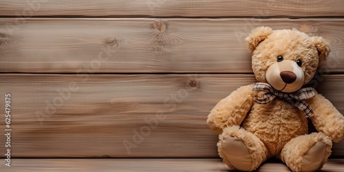 Lovely concept. Cute and classic. Teddy bear on vintage wooden table with retro design