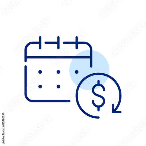 Monthly or weekly cash back payouts. Calendar with dollar reward sign. Pixel perfect, editable stroke icon