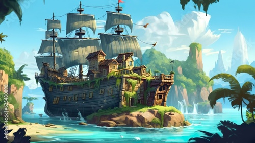 Background secret island with pirates. Captivating illustration of an island teeming with adventurous pirates, set amidst a vibrant abstract backdrop. Generative AI.