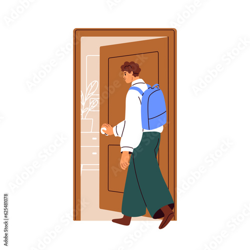 Man opening, unlocking door, entering house. Young person with backpack returning, coming back to apartment, stepping inside. Guy at entrance. Flat vector illustration isolated on white background
