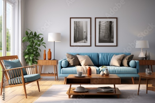 Contemporary living room design featuring a simulated picture frame  a wooden sideboard  a glass coffee table  a trendy sofa  a blue cushion  and personalized accessories. This home interior decor