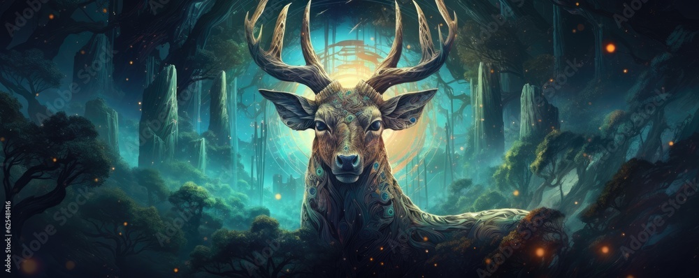 Sci-fi goat wild animal, fantasy creature with colorful sky dark background, panorama. Generative Ai.