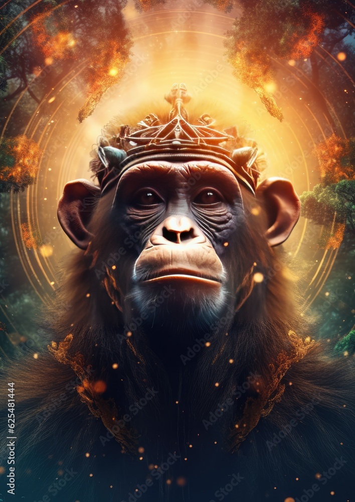 Sci-fi monkey wild  animal, fantasy creature with colorful sky dark background. Generative Ai.