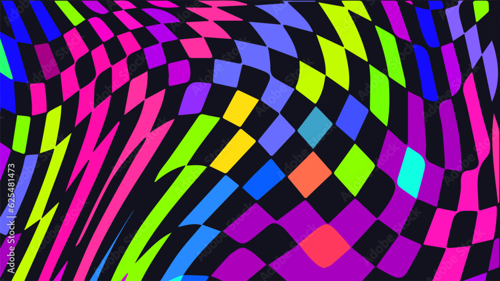 Distorted twisted checkered background. Trippy strip psychedelic pattern.