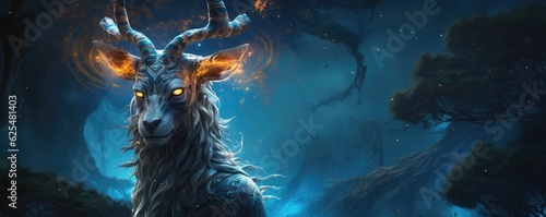 Sci-fi goat wild animal, fantasy creature with colorful sky dark background, panorama. Generative Ai.