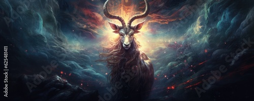 Sci-fi goat wild animal, fantasy creature with colorful sky dark background, panorama. Generative Ai.