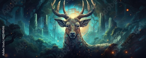 Sci-fi goat wild animal, fantasy creature with colorful sky dark background, panorama. Generative Ai.
