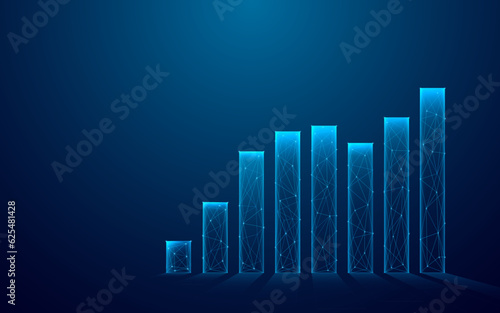 Digital grow chart graph in blue on technological background. Low poly wireframe vector illustration with 3d effect.