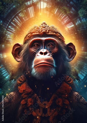 Sci-fi monkey wild  animal, fantasy creature with colorful sky dark background. Generative Ai. © annamaria
