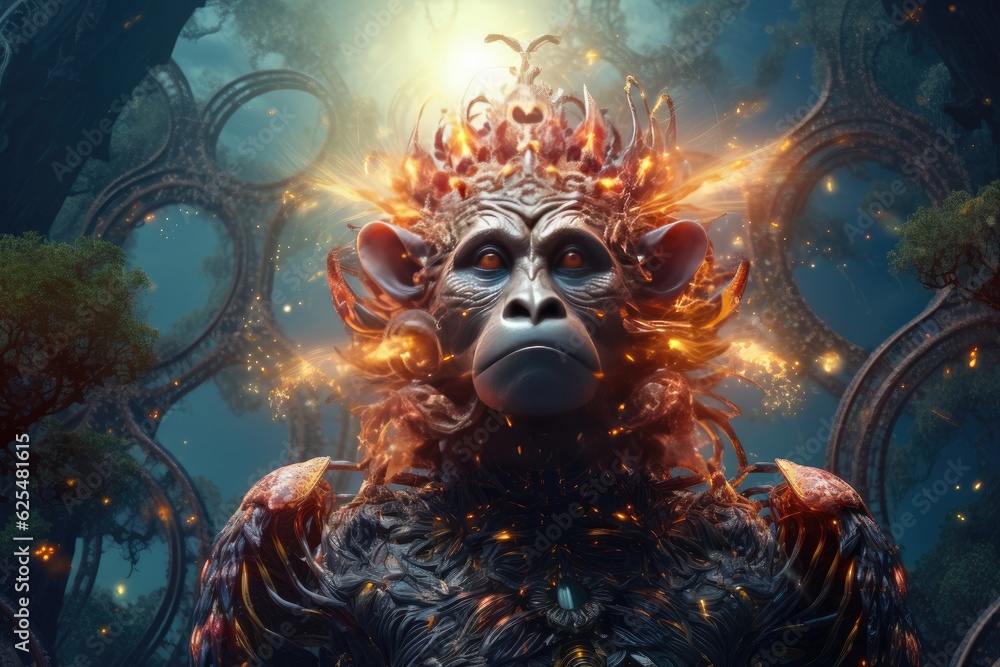 Sci-fi monkey wild animal, fantasy creature with colorful sky dark background. Generative Ai. Sci-fi monkey wild animal, fantasy creature with colorful sky dark background. Generative Ai.