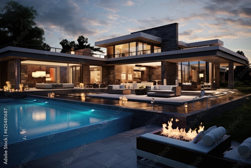 A lavish and contemporary residence featuring a pool that can be enjoyed during the evening.