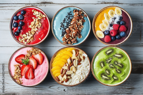 Homemade smoothie bowls with colorful toppings. 