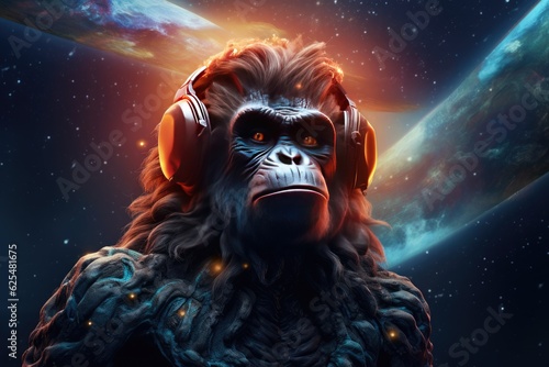 Sci-fi monkey wild animal, fantasy creature with colorful sky dark background. Generative Ai.