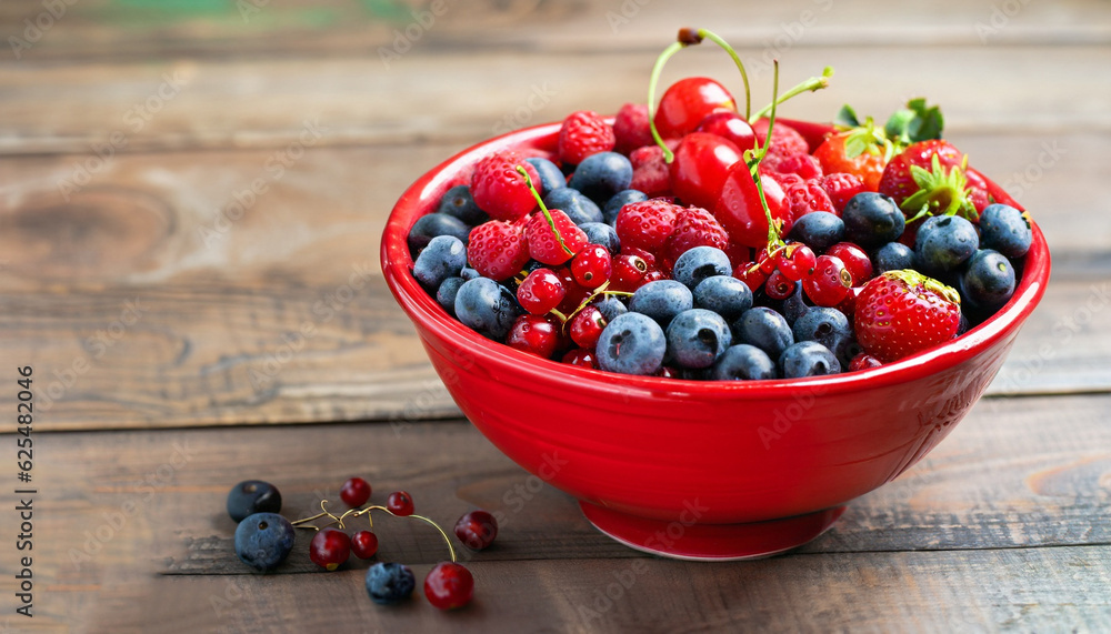 Ripe sweet different berries in red bowl on rustic wooden table. Harvest Concept Ripe sweet different berries in red bowl on rustic wooden table. Harvest Concept