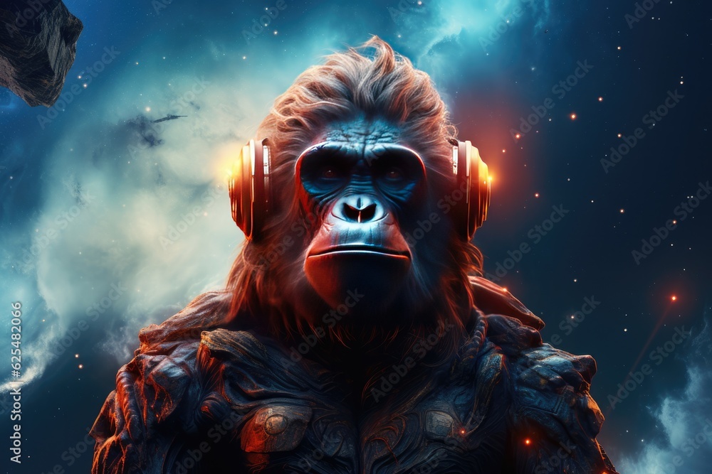 Sci-fi monkey wild animal, fantasy creature with colorful sky dark background. Generative Ai. Sci-fi monkey wild animal, fantasy creature with colorful sky dark background. Generative Ai.