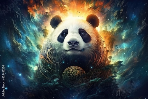 Sci-fi panda wild animal, fantasy creature with colorful sky dark background. Generative Ai.