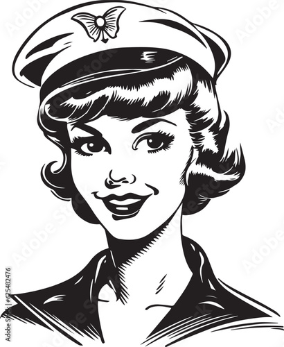 Retro sailor woman 60s style young woman. Retro comics woman head, People in retro style, black and white ink drawing, American cartoon advertising illustration, vector, SVG