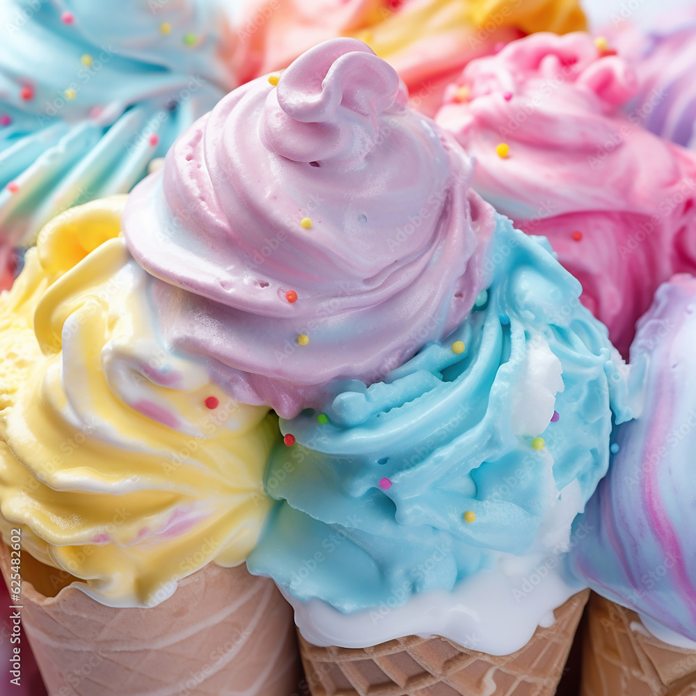 Ice cream piled high in various rainbow colors Ice cream piled high in various rainbow colors