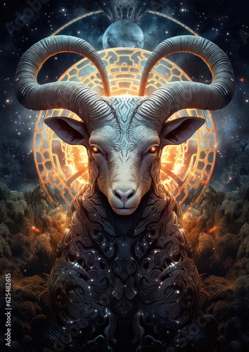 Sci-fi sheep, capricorn animal, fantasy creature with colorful sky dark background. Generative Ai.