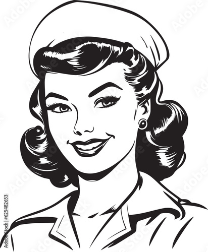 Retro sailor woman 60s style young woman. Retro comics woman head, People in retro style, black and white ink drawing, American cartoon advertising illustration, vector, SVG