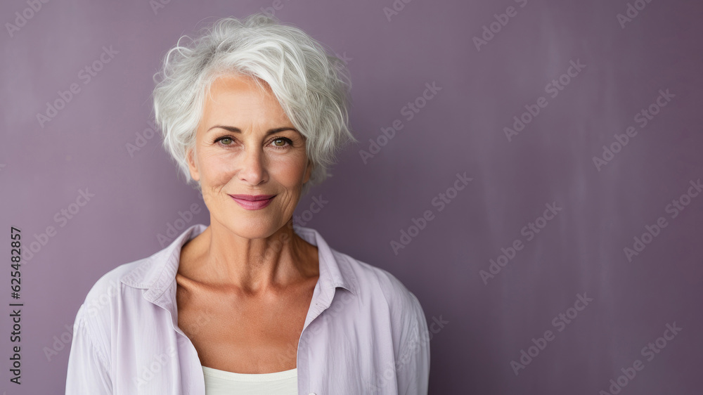 French woman in 50s, white hair, lilac background