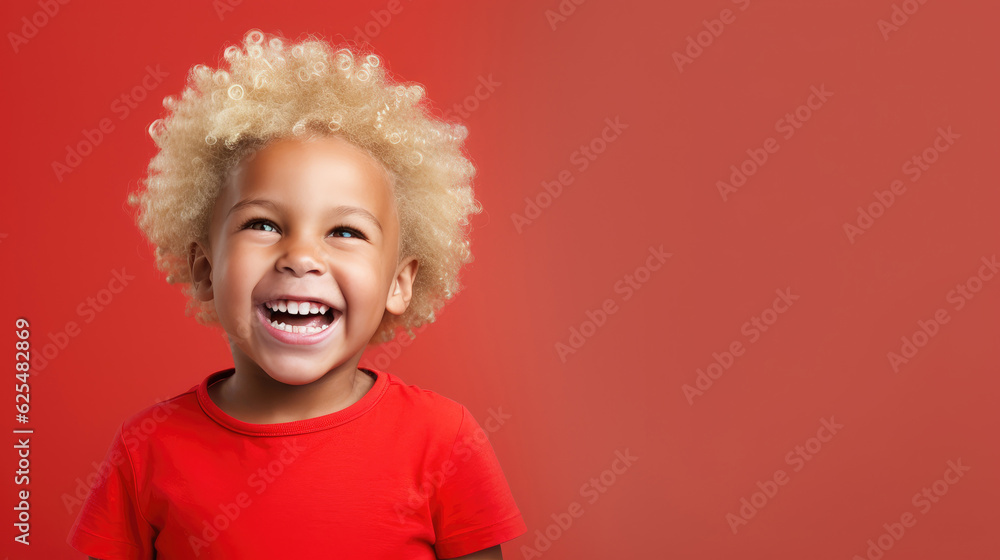 German preschooler, blonde, red shirt, red background