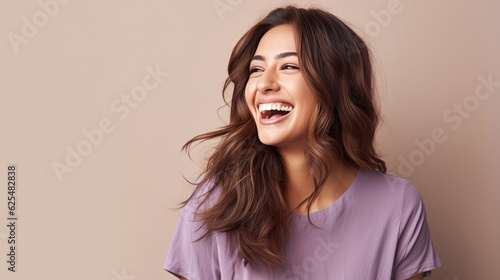 Middle Eastern woman in 30s, brown hair, cream background photo