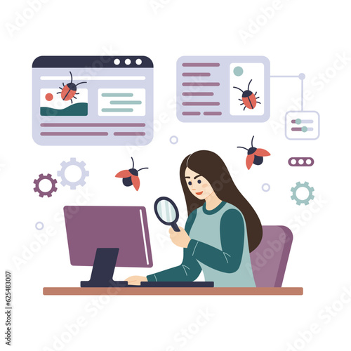 Programmer tester female character cartoon illustration. Woman Software tester at computer, finding program bugs. QA, testing, debugging concept. Flat vector illustration isolated on white