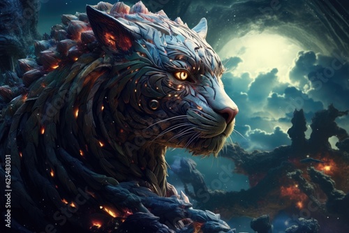 Sci-fi tiger wild animal, fantasy creature with colorful sky dark background. Generative Ai.