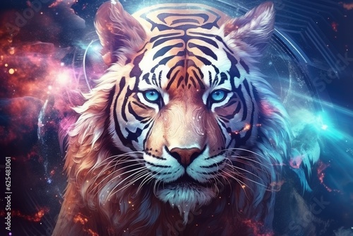 Sci-fi tiger wild animal, fantasy creature with colorful sky dark background. Generative Ai.