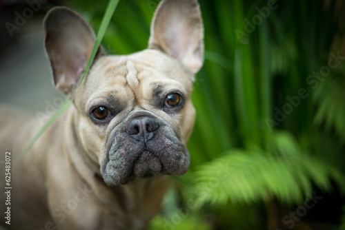 Portrait of a cute french bulldog in the garden © yakimova_elena