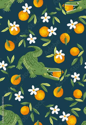 Seamless wallpaper with crocodile and oranges on a dark background. Funny pattern in the style of painting.