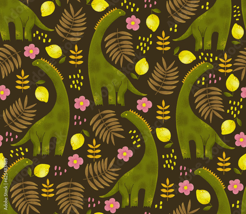Seamless pattern with dinosaur and lemons on a dark background. Funny wallpap...