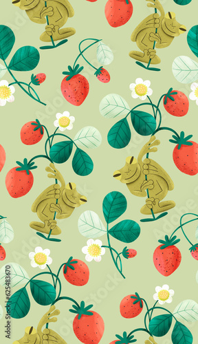Seamless pattern with frog and strawberry. Funny wallpaper in the style of pa...