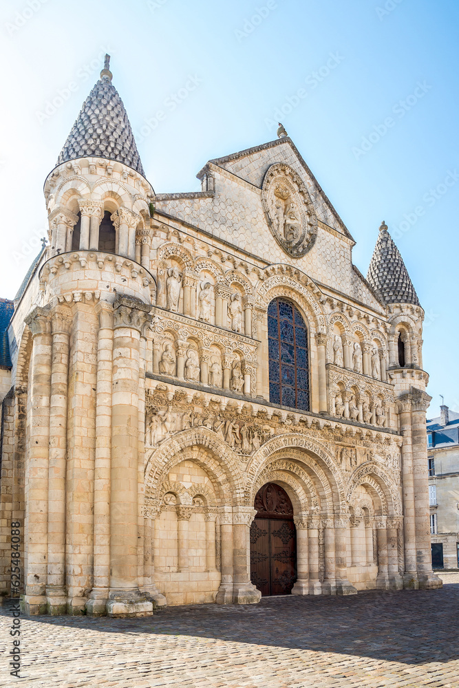 View at the Church of Our Lady Great (Notre Dame de la Grande) in the streets of Poitiers - France