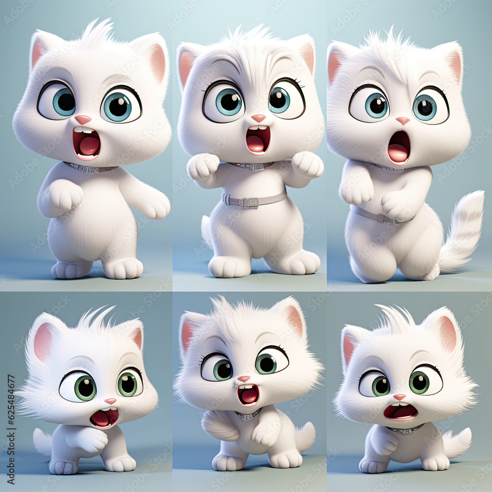 Fototapeta premium a little cute CAT, thick lips,multiple poss and expressionsas,generative ai