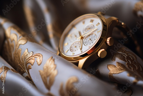 A close-up shot of a luxurious wristwatch with intricate gold detailing, placed on a silk fabric.  This image embodies the essence of luxury and the intricate craftsmanship of high-end watches. © Davivd