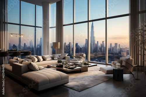An image showcasing the interior of a luxury penthouse apartment, featuring floor-to-ceiling windows that offer a breathtaking city view.  This image exudes the comfort and opulence of high-end living © Davivd