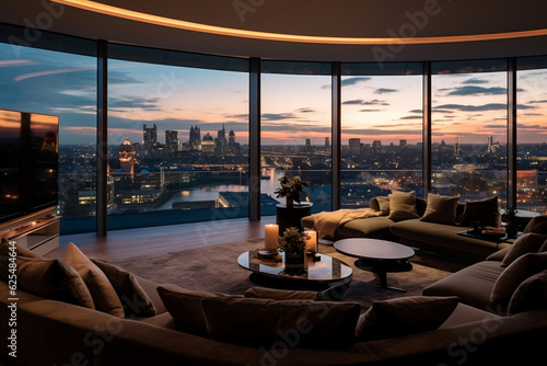 A stunning image showcasing a luxurious penthouse apartment with breathtaking panoramic views of the city. The image exudes wealth, sophistication, and a high standard of living.