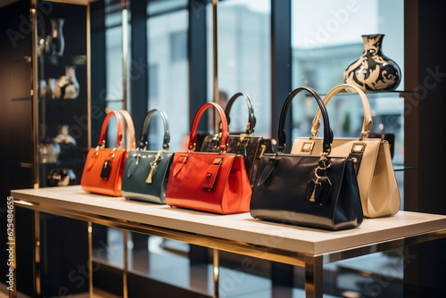 An image featuring a display of designer handbags in a high-end boutique. The picture illustrates the exclusivity and opulence associated with luxury fashion brands.