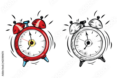 Hand Drawn Doodle Style Alarm Clock Set. Vector Alarm Clocks Set Isolated on White Background. Vintage Style alarm Clock Design Element. Ringing morning alarm clock drawn by hand. Old-fashioned Timer.