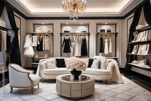 An image showcasing a tasteful display of high-end fashion items in a luxurious boutique. 
This image captures the essence of luxury shopping with a focus on elegance and exclusivity.