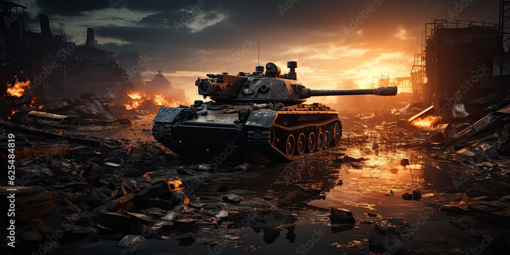 armored tank crosses a mine field during war invasion epic scene of fire and some in destroyed city as banner with copyspace area telephoto lens realistic lighting generative ai - obrazy, fototapety, plakaty 