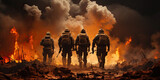photorealism of Close-up shot from behind Three Special Forces soldiers cross a war zone destroyed by bombs and smoke in the desert. telephoto lens realistic lighting