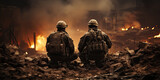 photorealism of Close-up shot from behind Three Special Forces soldiers cross a war zone destroyed by bombs and smoke in the desert. telephoto lens realistic lighting