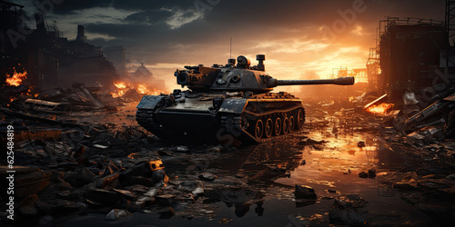 armored tank crosses a mine field during war invasion epic scene of fire and some in destroyed city as banner with copyspace area telephoto lens realistic lighting generative ai photo