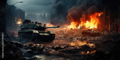 armored tank crosses a mine field during war invasion epic scene of fire and some in destroyed city as banner with copyspace area telephoto lens realistic lighting