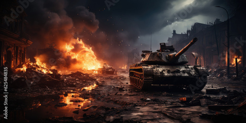 armored tank crosses a mine field during war invasion epic scene of fire and some in destroyed city as banner with copyspace area telephoto lens realistic lighting