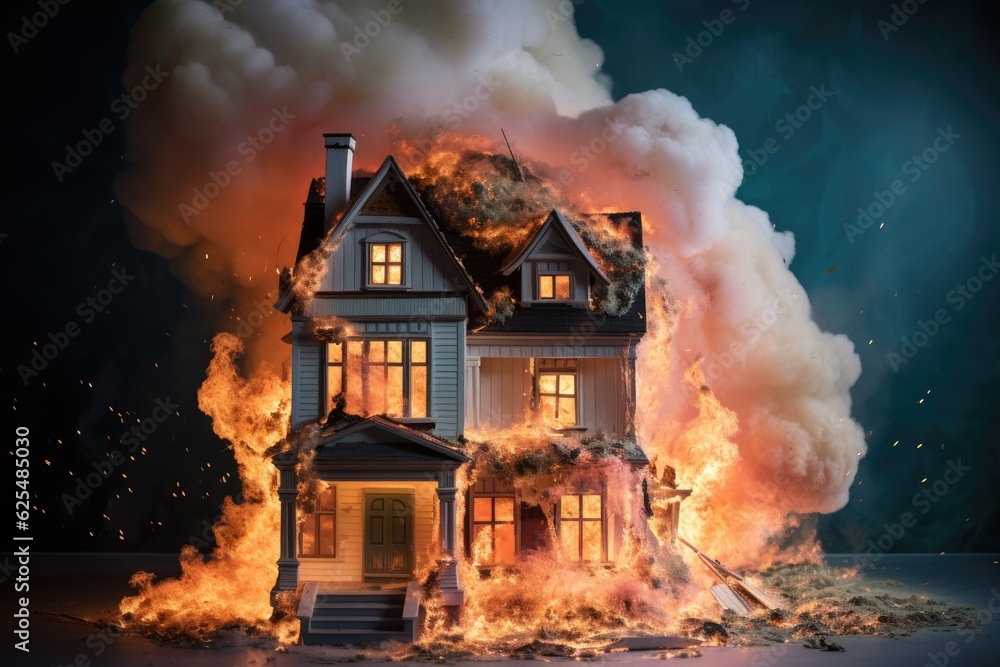 The idea of a house fire represented by a toy house engulfed in flames.