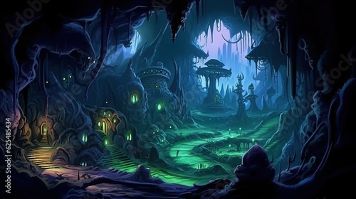 Abstract background underground kingdom. Imaginative illustration depicting an underground kingdom illuminated by mesmerizing neon lights. Generative AI.